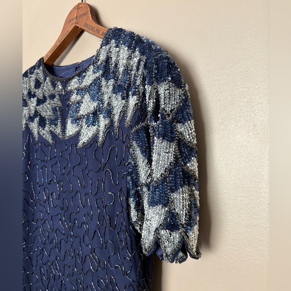 Vintage 80s Swee Lo silk beaded embellished cocktail dress navy blue silver sz M
